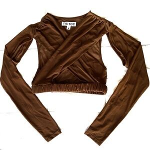 Sheer Long Sleeve Crop Top Brown Size Medium Tic Toc